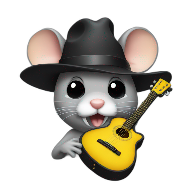 old grey jerry mouse potrait with white moustache, big black hat, and yellow guitar emoji