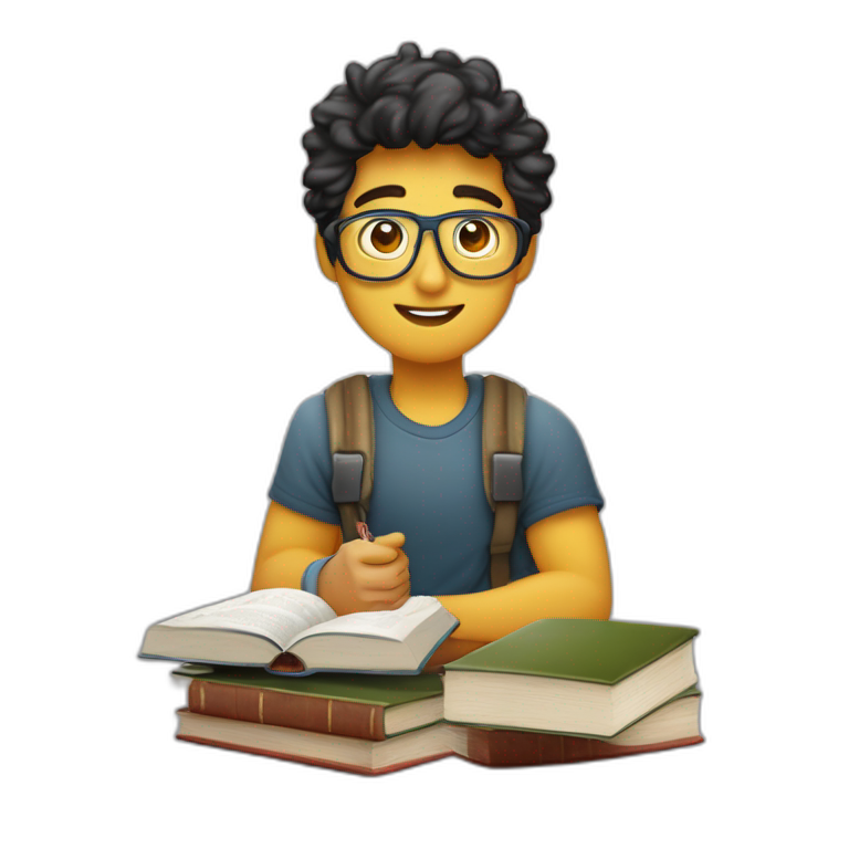 joven estudiante con  con un libro en sus manos y en su cabeza, junto a muchos libros y una lampara y un libro en su cabeza, con muchos y muchos  libros, de piel blanca emoji
