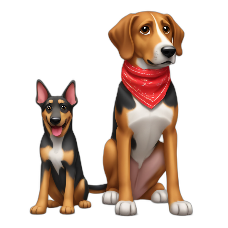 coonhound and German shepherd mix dog wearing small plain red bandana and walking left emoji
