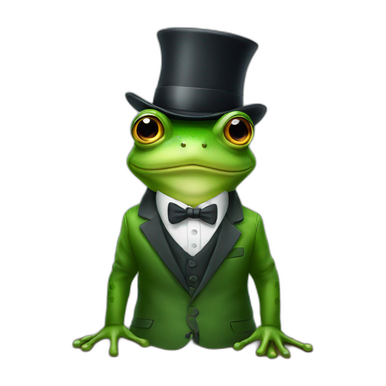 A frog wearing a suit looking straight sitting on a table and wearing a hat emoji