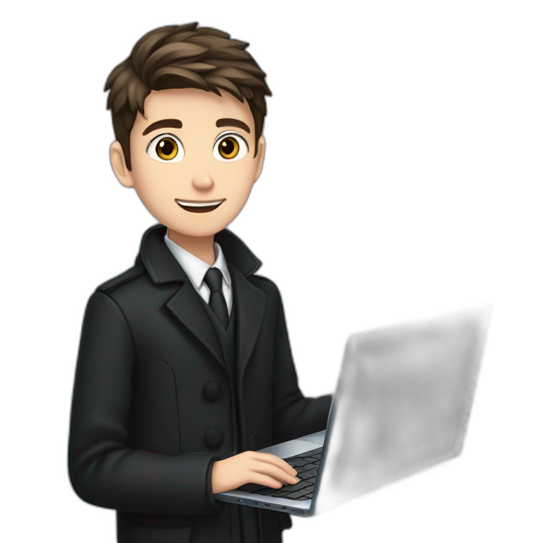 uses laptop in hands, uses laptop in hands, Blue eyes, Classy programmer, 13 years old, coat, formal outfit, pc in hands, brunette boy, black coat, all body emoji