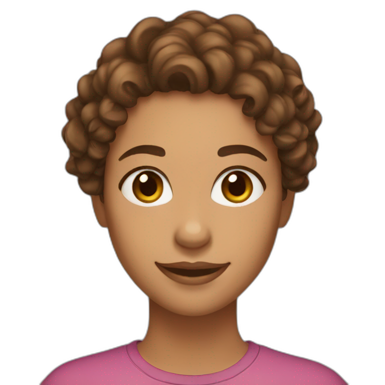 woman face, brown 2c curly hair, light brown eyes, olive skin, smiling emoji