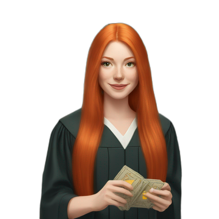 redhead white woman medium long straight hair, celebrating graduation with tarot cards emoji