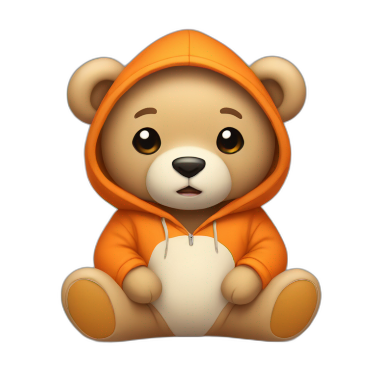 A cute light-beige teddy bear wearing an orange hoodie. His eyes are black. He's sitting on his butt. emoji