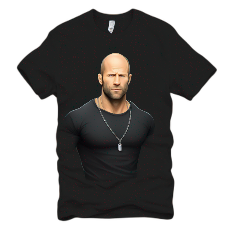 Jason Statham wearing men silver chain on a black tshirt,styled,cool,side angle emoji
