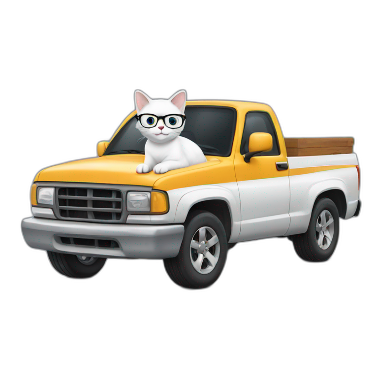 White cat with glasses driving a pickup truck emoji