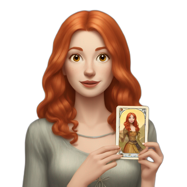 redhead white woman medium long straight hair, holding a tarot card in her hand emoji