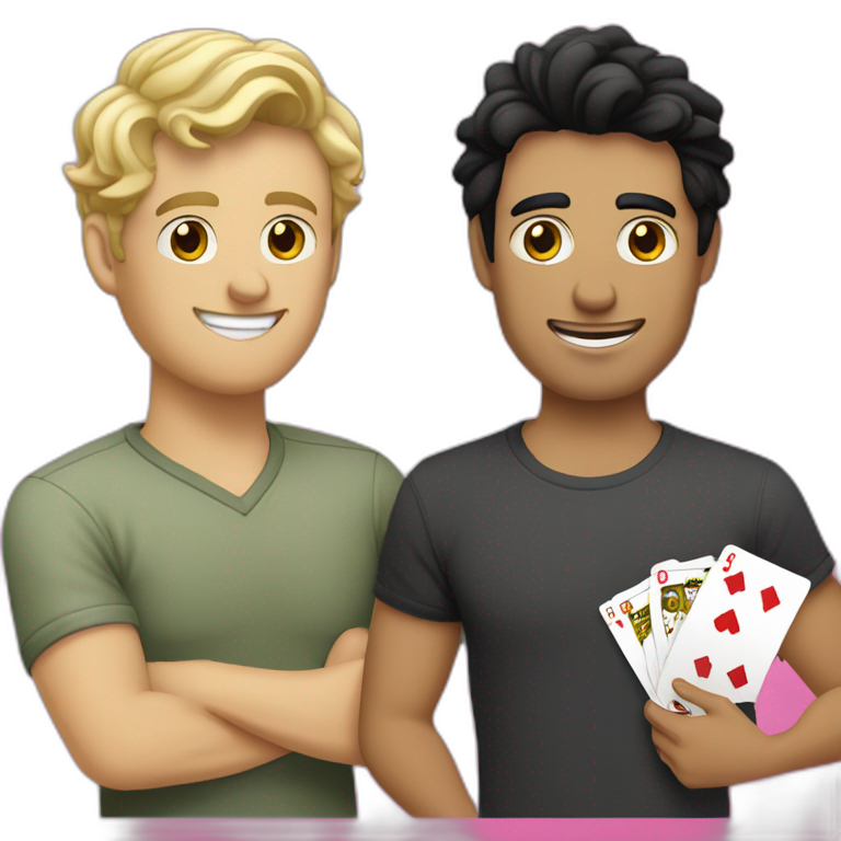 Gay couple, 1 guy Latino black straight black hair and 1 Australian white guy with blonde slightly curly hair playing cards emoji