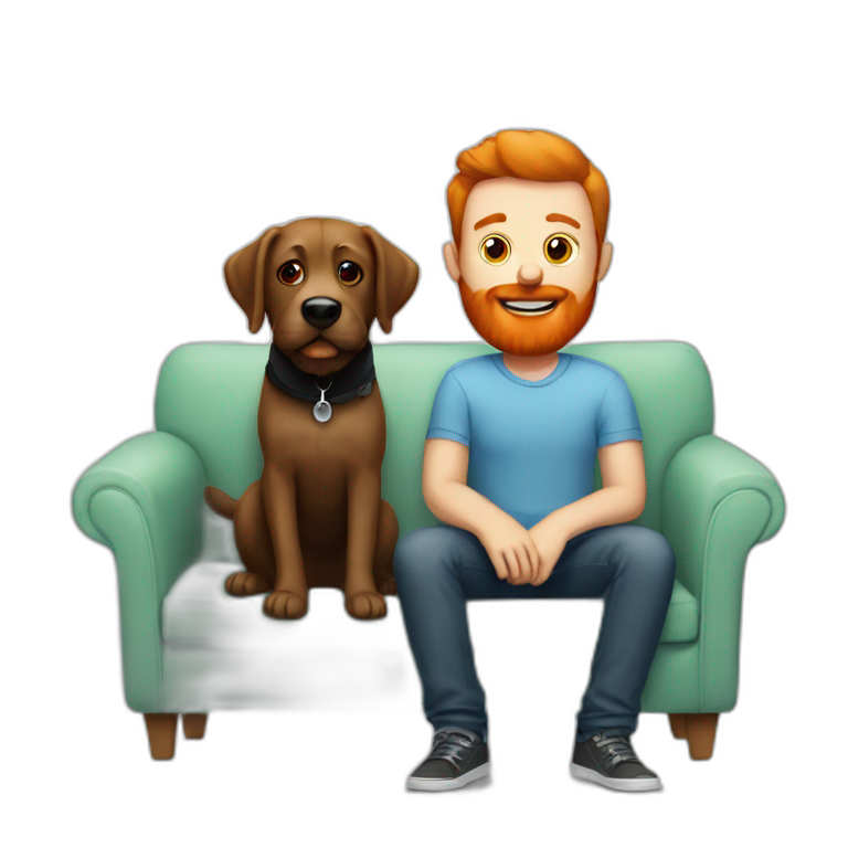 a man with a red beard sits on the sofa instead with a black labrador emoji