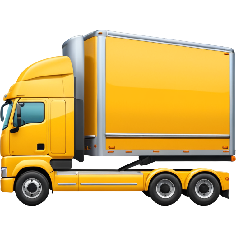 yellow sleeper semi truck with flat bed semi trailer, three-quarters ...