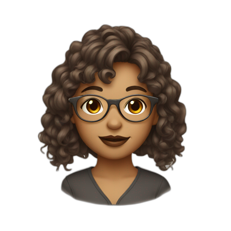 a girl with brown wavy hair, bangs, brown eyes, a nose ring, and gold wireframe glasses  emoji