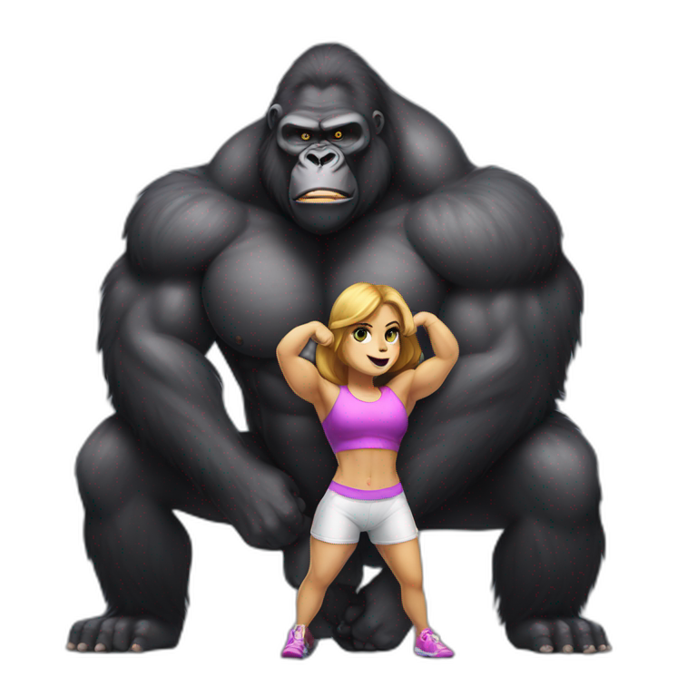 Big buff Gorilla holding a beautiful girl with a huge back doing exercises emoji
