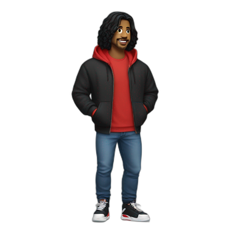 male adult, Long black hair, Black hoodie, Blue Jeans, Red Air Jordans emoji