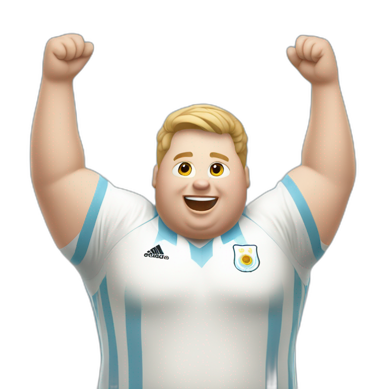 Short hair, obese white man jumping. argentina team uniform. Hands up emoji