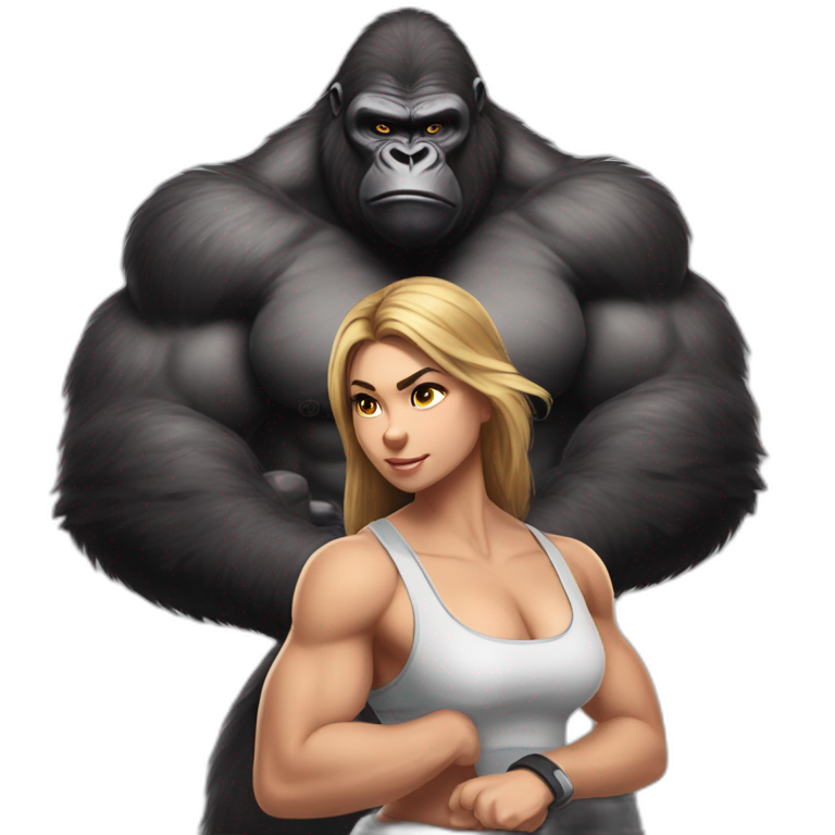Big buff Gorilla holding a beautiful girl with a big back doing squats emoji