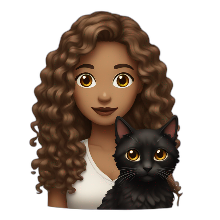 woman light brown skin long dark curly hair with black cat emoji