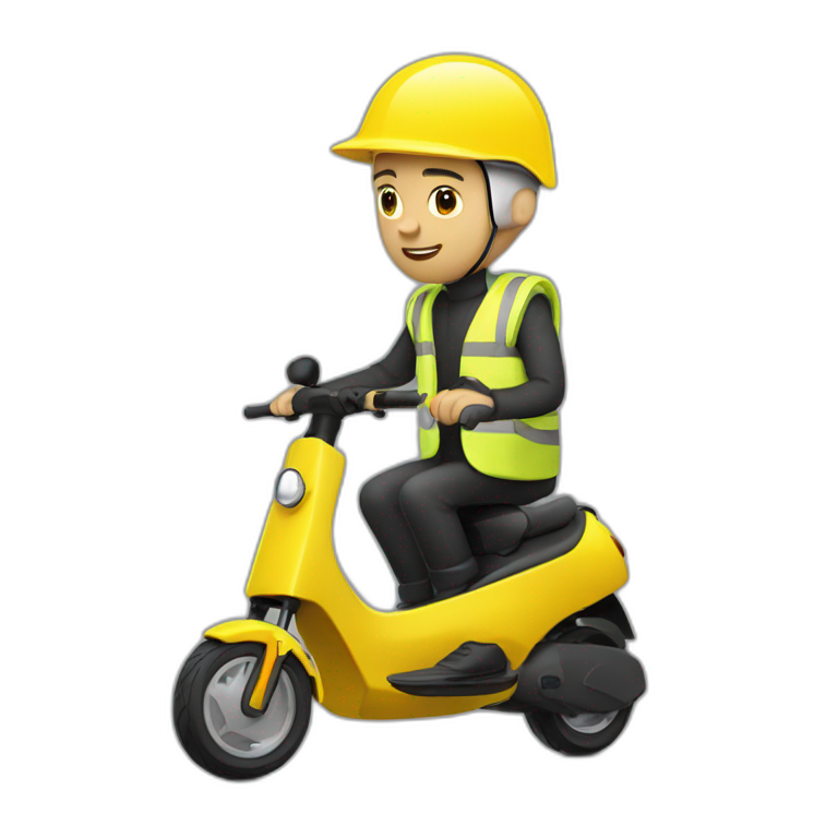 bald man with a yellow cycling helmet on a black xiaomi e-scooter whearing a yellow safety vest emoji
