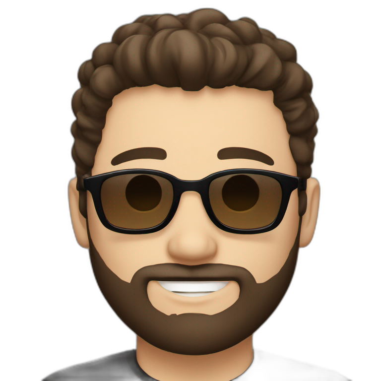 person short dark brown hair, goatee style beard with sunglasses. White background, simple black tshirt. smiling. white skin emoji