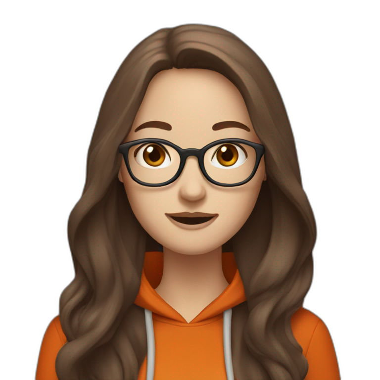 pale woman with glasses with long brown hair waving wearing a dark orange hoodie emoji