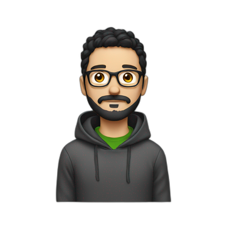 Young white man with black hair moustache and beard wearing a hoodie and glasses emoji