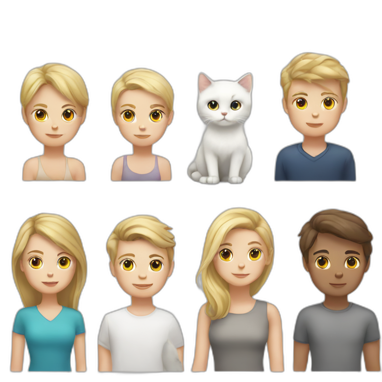 blond white girl, brunette white boy, white cat, grey cat emoji