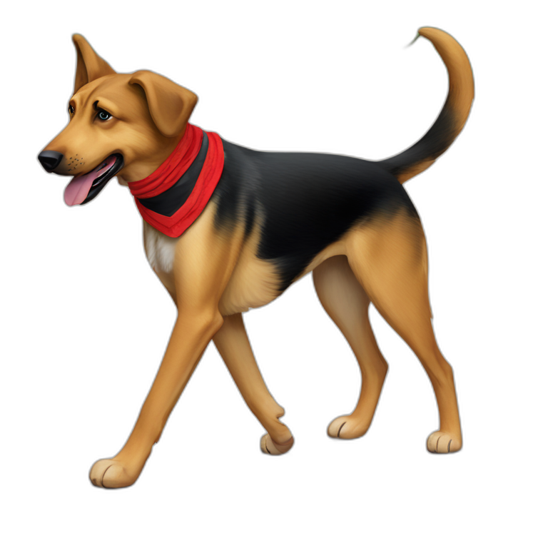 65% Coonhound 35% German Shepherd mix dog wearing small plain red bandana walking left emoji