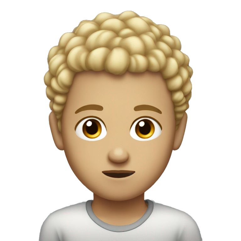 black eyes, very very curly blonde very short hair, boy, serious face emoji