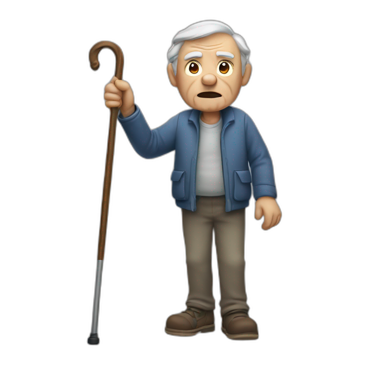 Old man leaning on a walking cane holding his back with the other hand grumpy face, detailed emoji