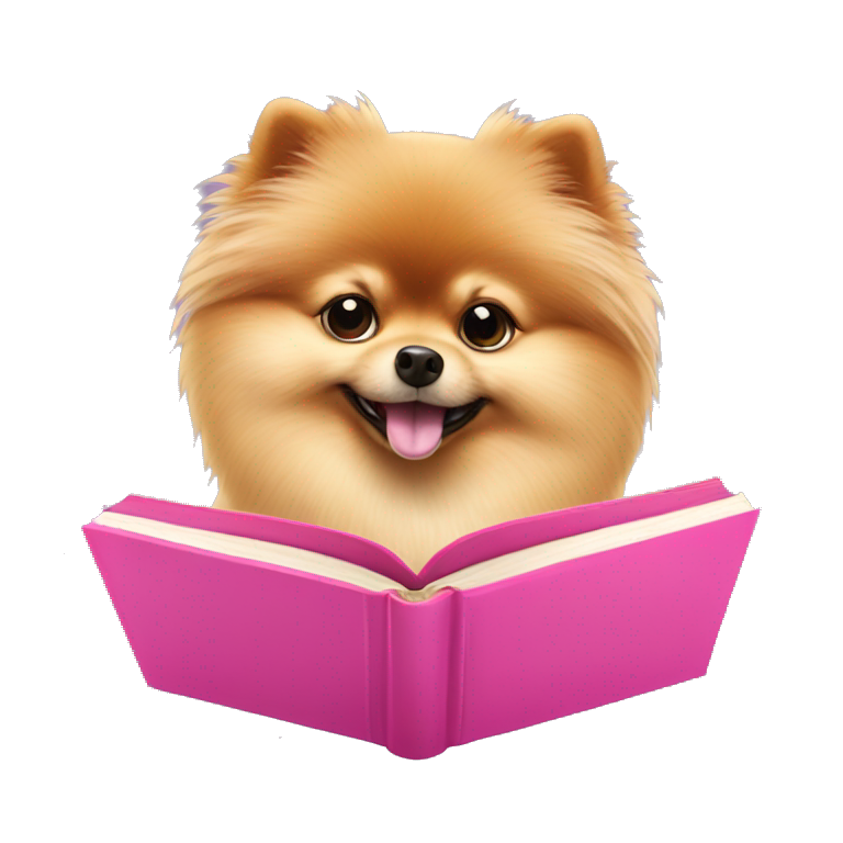 a pomeranian spitz reading a pink book emoji