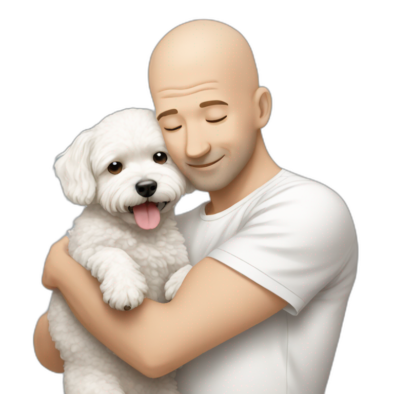 a bald man hugging white maltipoo emoji