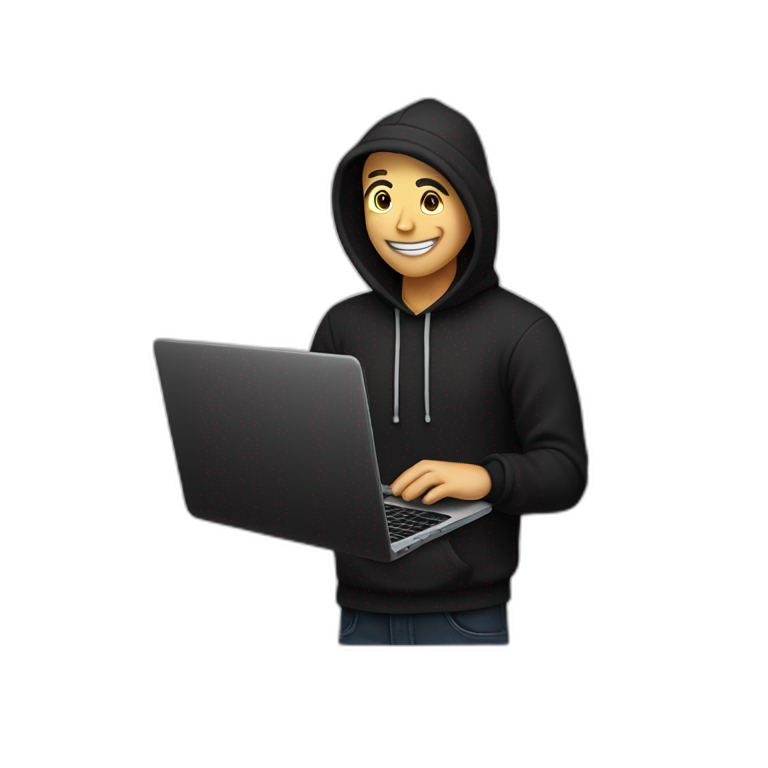 eyes-closed-laughing-male-with-regular-skin-and-blue-eyes-wearing-black-beanie-and-black-hoodie-and-holding-a-laptop-not-full-body-shot emoji