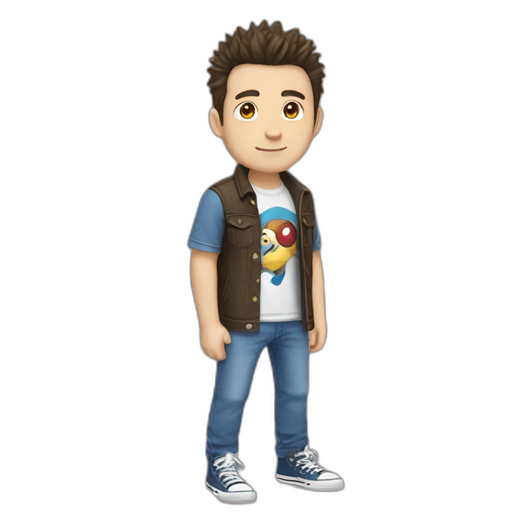 white male adult, Dark Brown Spikey Hair, Pokemon Shirt, Blue Jeans, Converse shoes emoji