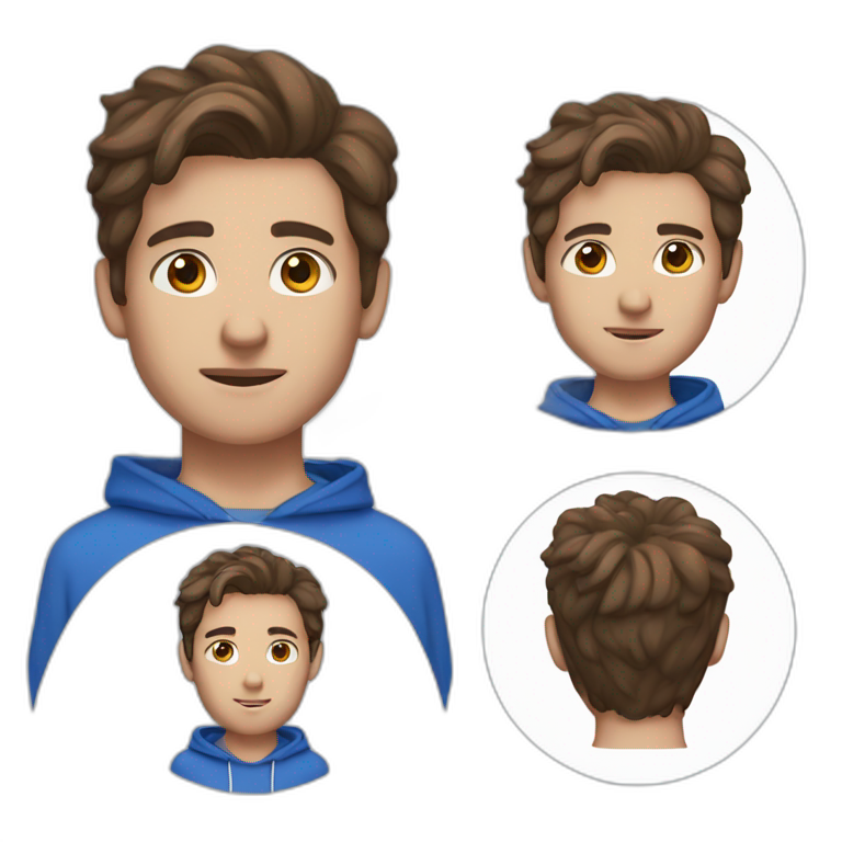 male, brown hair, brown eyes, airpods, blue hoodie emoji