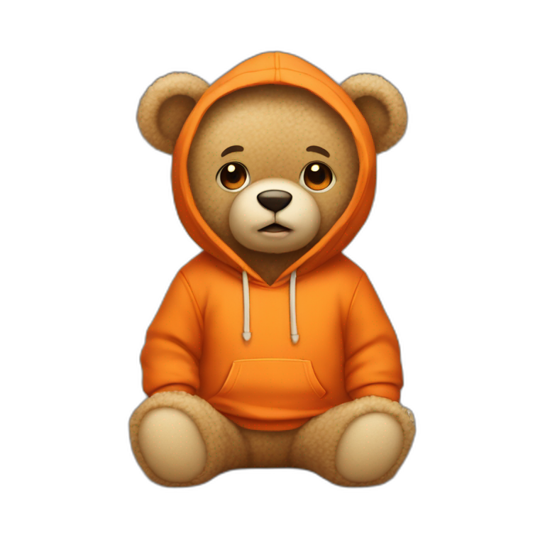 A cute beige teddy bear wearing an orange hoodie. His eyes are black. He's sitting on his butt. emoji
