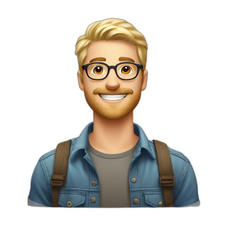 Handsome young man 25 years old short blond hair nice round glasses cool  beard Light moustache funny big smile dimple on the side emoji | AI Emoji  Generator