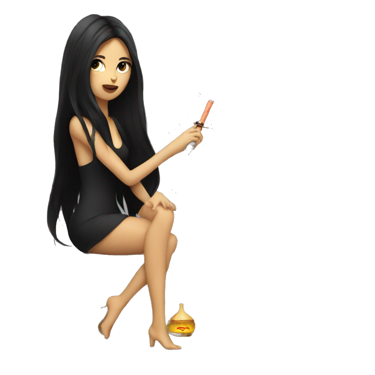 Girl with dark long hair smoking hookah ,  emoji