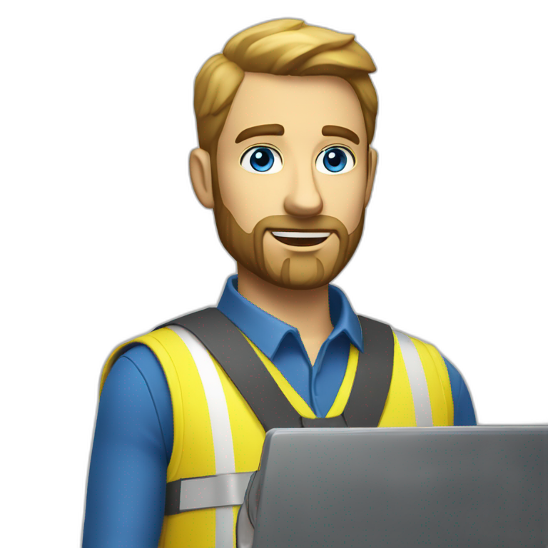 Ikea manager blue eyes beard with laptop and yellow security vest emoji