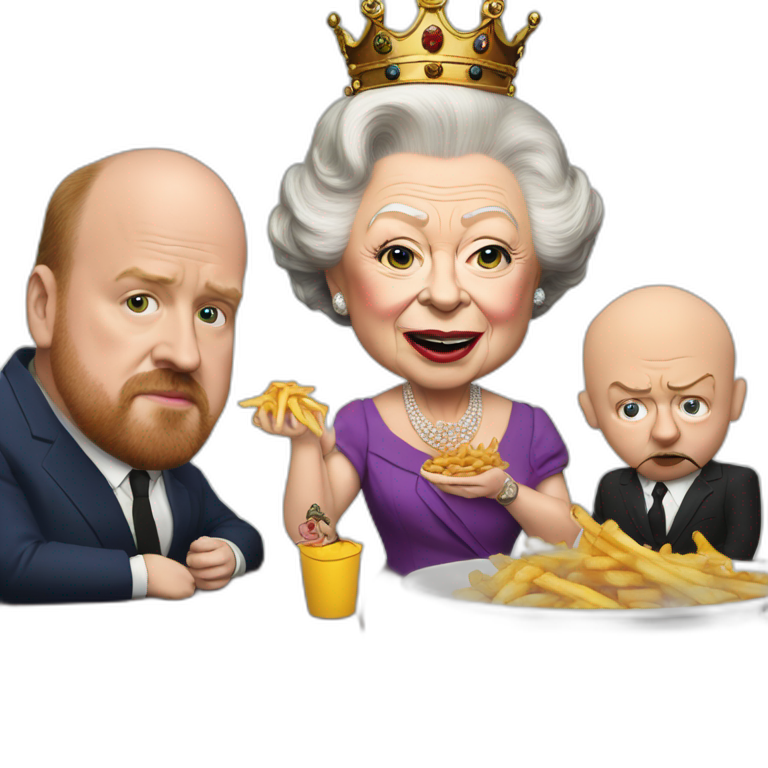 Queen Elizabeth II eating fries with louis c.k. And Warwick davis emoji