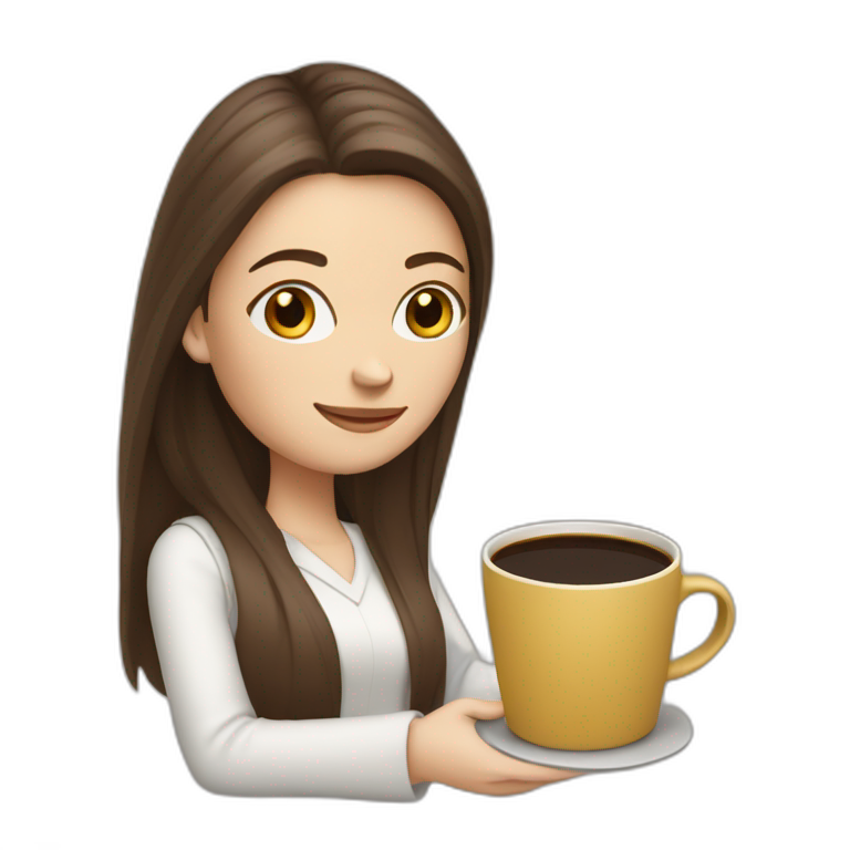 woman with long straight brown hair and pale skin holding laptops and coffee mugs emoji