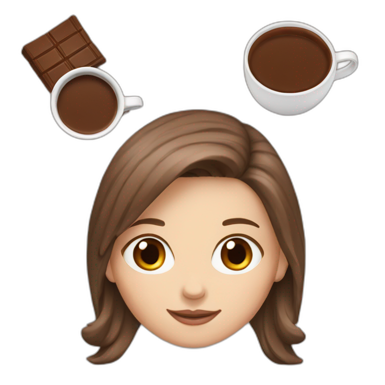 white girl with brown long hair and a hot chocolate emoji