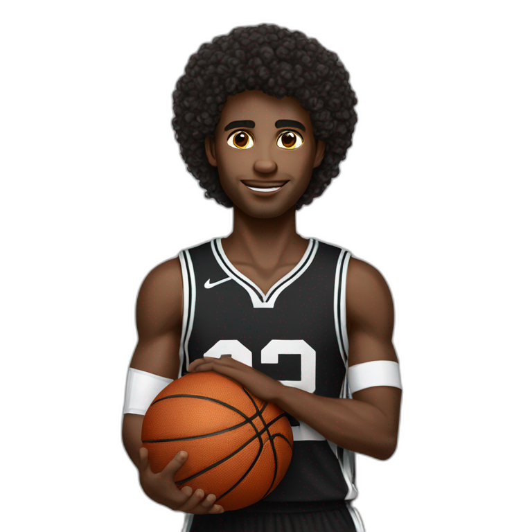 black basketball player holding the notebook wearing black and white jersey number 2 curly hair and handband emoji