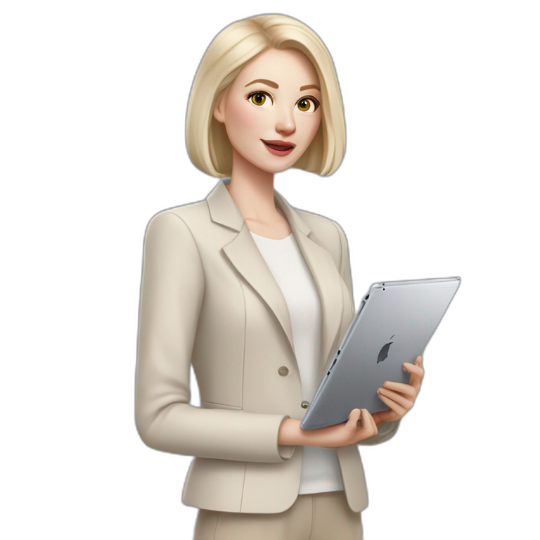 pale skin woman with ash blonde Straightened bob Hair, White Spacious classical jacket, beige palazzo Arrow pants and gray blouse holding a IPad Pro 12.9” in the hands emoji