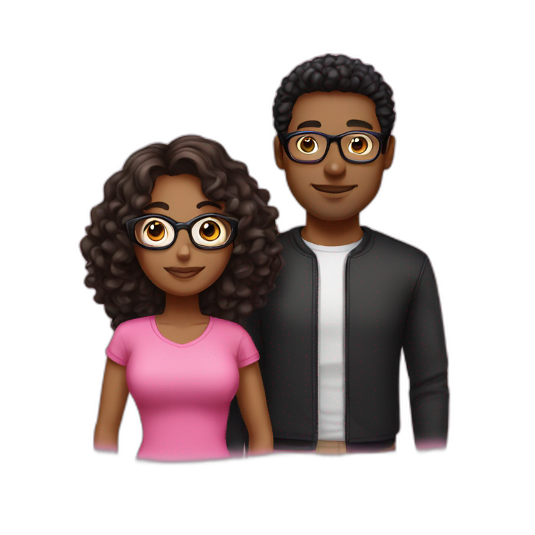 Woman with long brown hair dressed with a pink shirt and man with short and curl black  hair, glasses and a black tshirt emoji