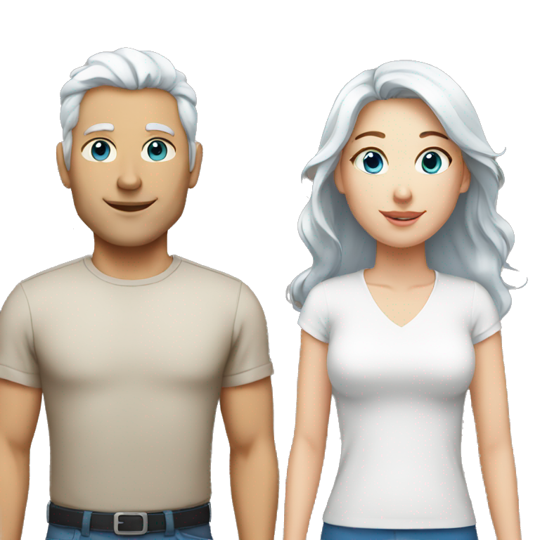 Woman with brown hair and man with white hair both with blue eyes emoji