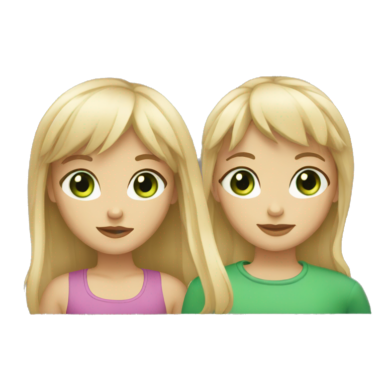 Two best friends, both with bangs, one blonde with blue eyes and the other brown hair with green eyes emoji