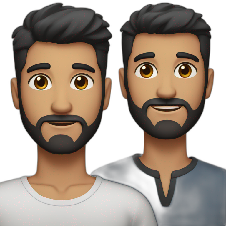 Gay couple, both with with short beard. one brown and blue eyes and the othe one black hair and brown eyes. emoji
