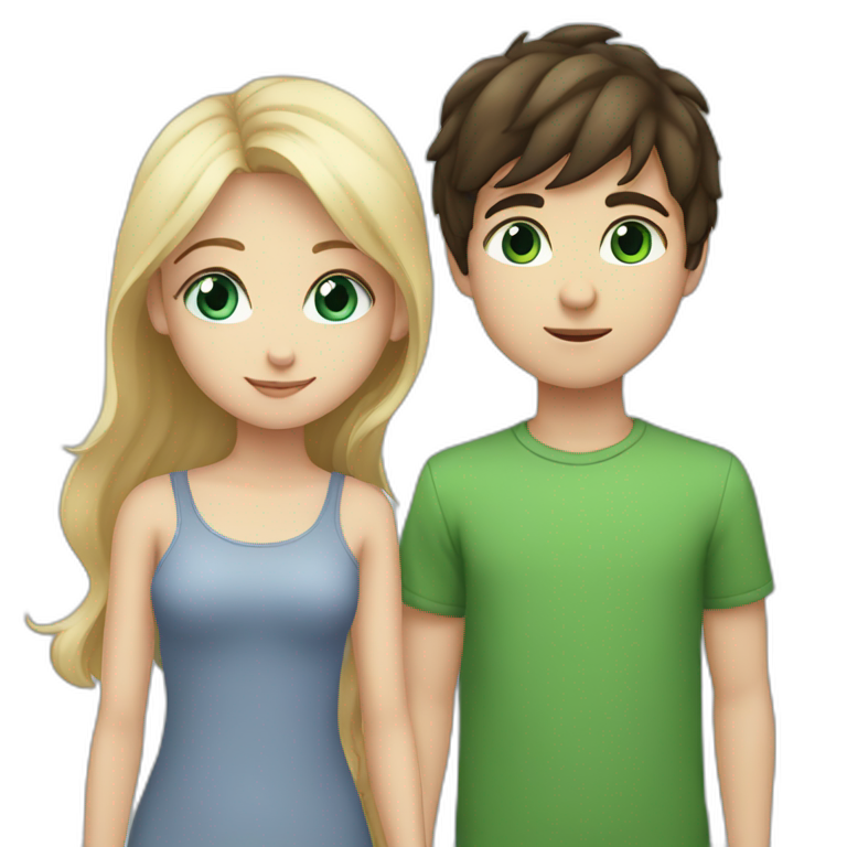 Girl with light blue eyes and blonde hair kiss a boy with dark brown hair and green eyes emoji