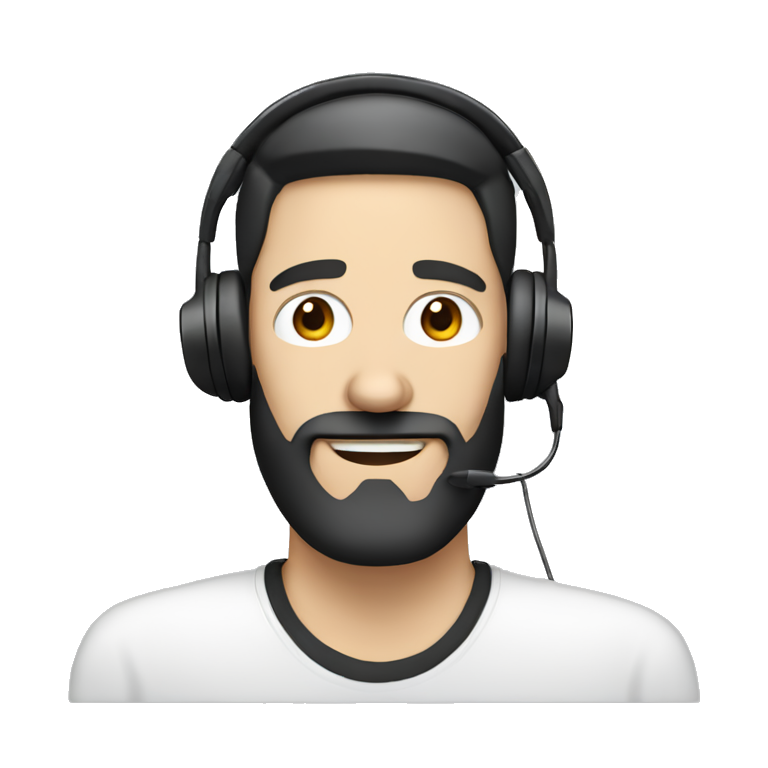 white guy with nose above average with black hair and beard with laptop and headset emoji