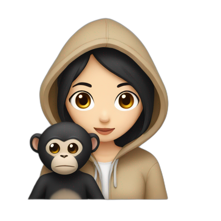 Asian girl with brown eyes and black hair and a hoodie cuddling a monkey emoji