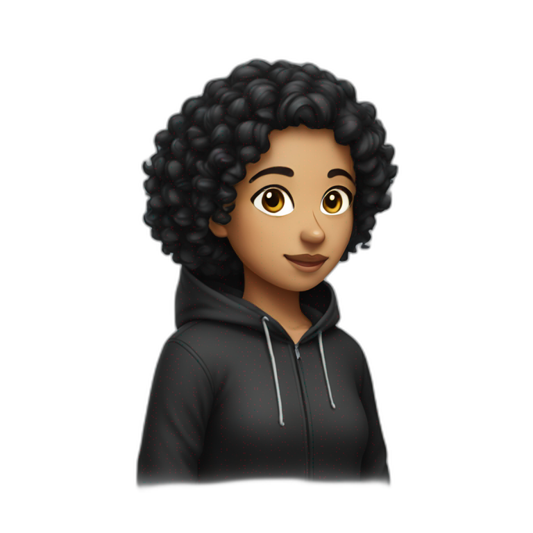 indian girl with black curly hair wearing a black hoodie emoji